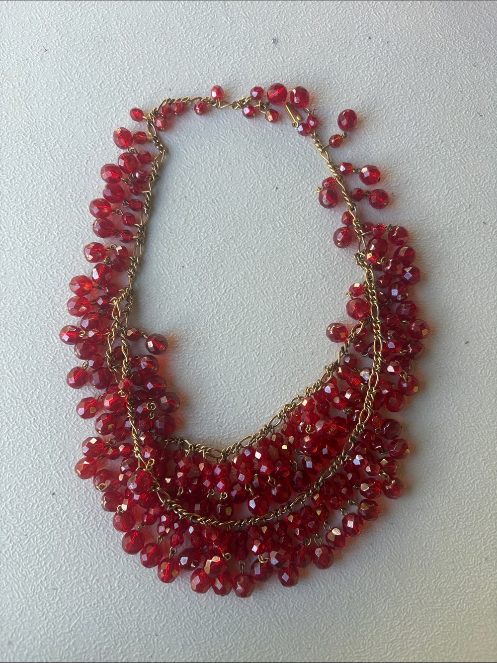 Red Beaded Statement Necklace - Gold Chain